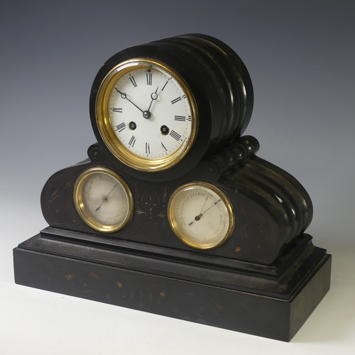 245 - A 19th century French black slate Mantle Clock with Barometer and Thermometer dials, the brass movem... 