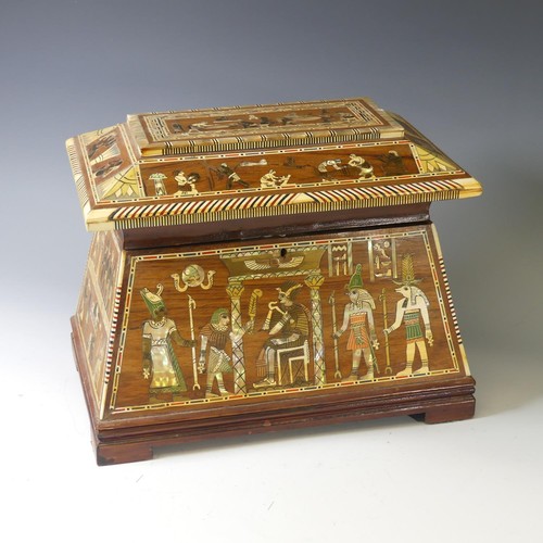 365 - An early 20thC Egyptian Revival Casket, of sarcophagus shape, with inlaid decoration, the hinged lid... 