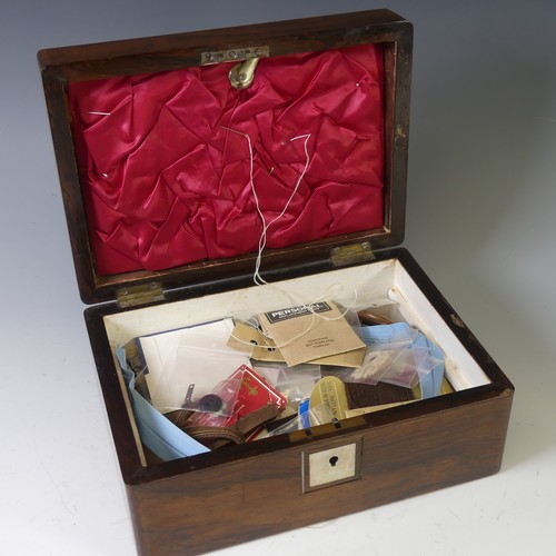 428 - A 19thC mahogany Sewing Box with contents, of rectangular form, the hinged lid with vacant mother of... 