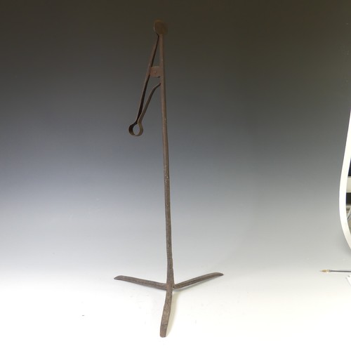 453 - An antique wrought iron 'Pearman' Lamp or Rushnip, with cylindrical stem, on tripod base, H 62cm.... 