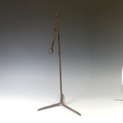 453 - An antique wrought iron 'Pearman' Lamp or Rushnip, with cylindrical stem, on tripod base, H 62cm.... 