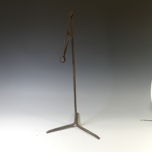 453 - An antique wrought iron 'Pearman' Lamp or Rushnip, with cylindrical stem, on tripod base, H 62cm.... 