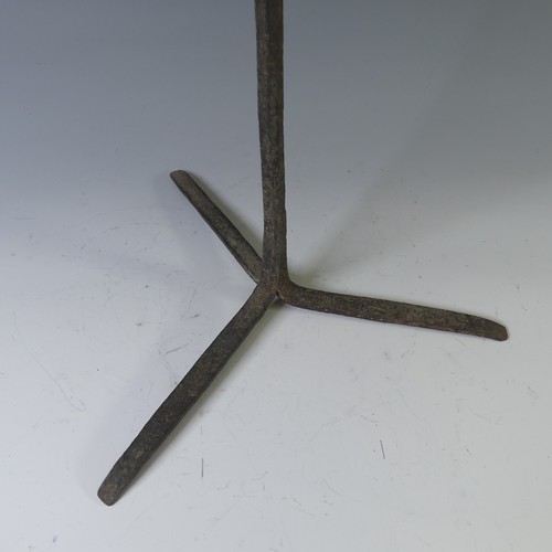 453 - An antique wrought iron 'Pearman' Lamp or Rushnip, with cylindrical stem, on tripod base, H 62cm.... 