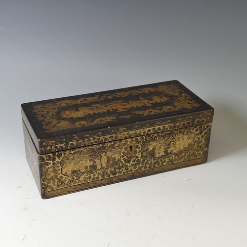 520 - An antique Oriental lacquer chinoiserie Glove Box, decorated to lid with gilt dragon border with cen... 