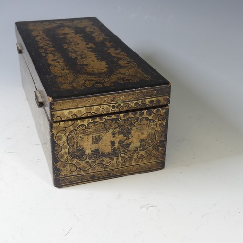 520 - An antique Oriental lacquer chinoiserie Glove Box, decorated to lid with gilt dragon border with cen... 