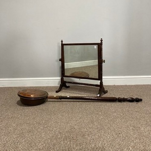 343 - An Edwardian swing Toilet Mirror, W 55cm x D 26cm x H 69cm, together with a copper warming pan and a... 