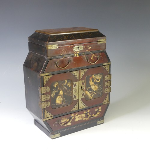 130 - An early 20thC Japanese lacquer Casket, the whole decorated in gold on black and red lacquer with tr... 