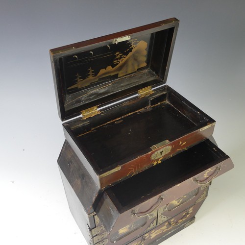 130 - An early 20thC Japanese lacquer Casket, the whole decorated in gold on black and red lacquer with tr... 