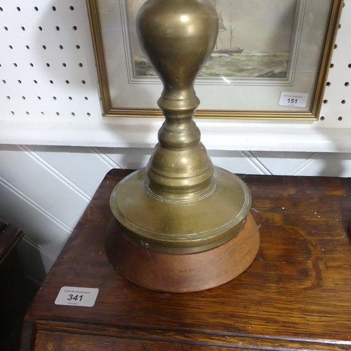 497 -  A pair of heavy Oriental turned brass Table Lamps, with bobbin turned shafts, drip trays and circul... 