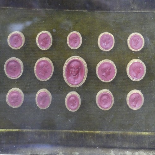 358 - A group of fifteen Grand Tour red wax Intaglio Seals, depicting various Roman Emperors, in glazed fr... 