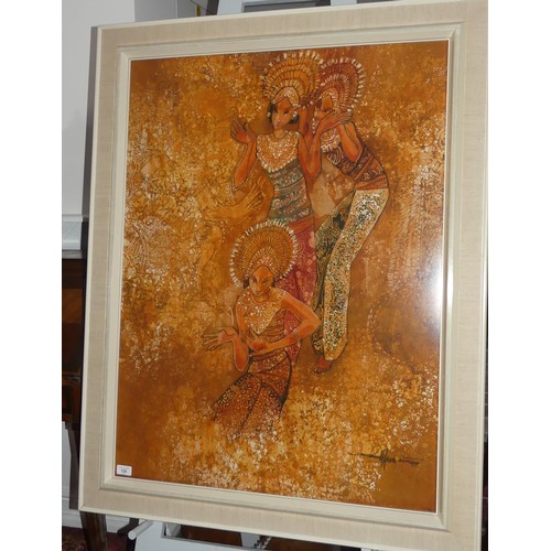 126 - Seah Kim Joo (B. Singapore 1939); framed batik, 'Three Balinese Dancers', framed and glazed, 99cm x ... 