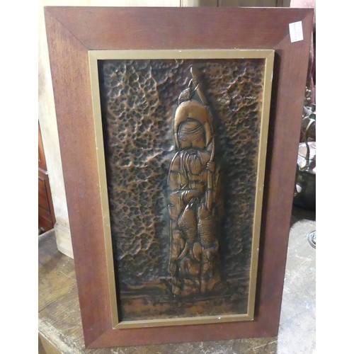 208 - A framed embossed copper picture of a Japanese Fisherman, signed Avl 13, together with a copper pict... 