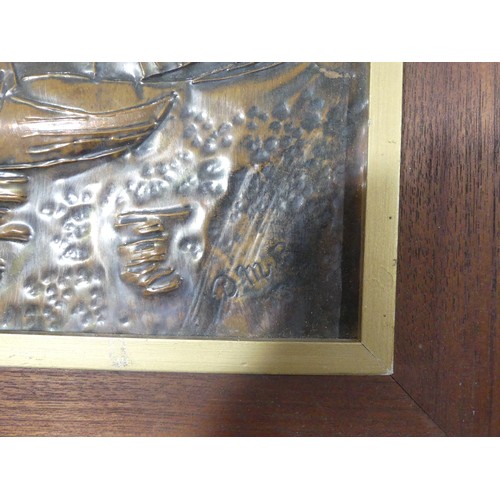 208 - A framed embossed copper picture of a Japanese Fisherman, signed Avl 13, together with a copper pict... 