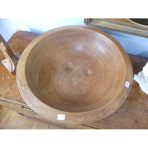 554 - An antique treen turned wood Fruit Bowl, 45cm diameter, together with a quantity of ornamental fruit... 