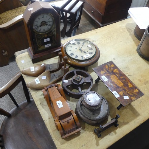 466 - A small quantity of Treen, to include a Mantel Clock, a circular Wall Clock, a pair of Shoe Forms, a... 