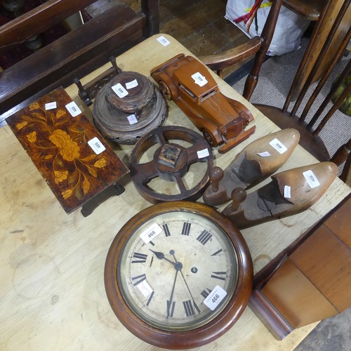 466 - A small quantity of Treen, to include a Mantel Clock, a circular Wall Clock, a pair of Shoe Forms, a... 