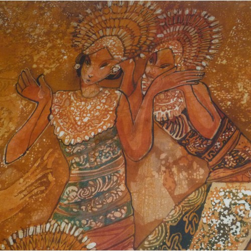 126 - Seah Kim Joo (B. Singapore 1939); framed batik, 'Three Balinese Dancers', framed and glazed, 99cm x ... 