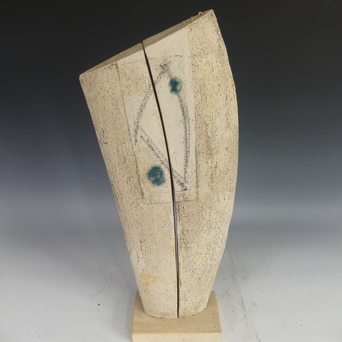 A Camilla Ward studio pottery Raku Sculpture, with incised and glazed decoration, signed to base, W 80cm x D 11cm x H 62cm.