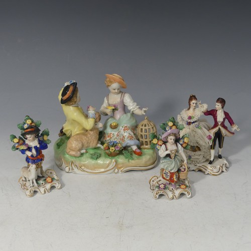 92 - A Dresden porcelain Figural Group, depicting a gentleman reclining next to a lamb with the lady feed... 