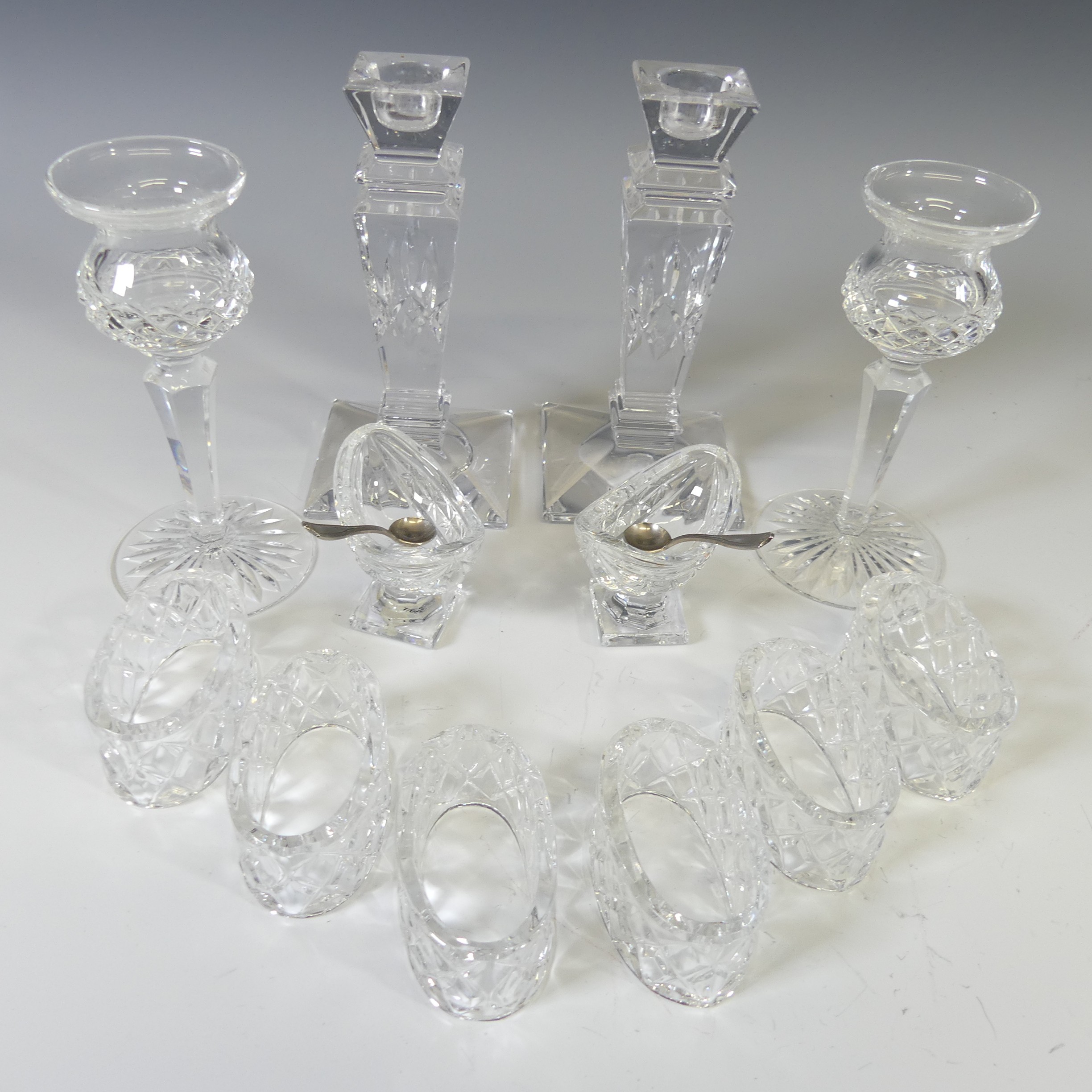 A pair of Waterford cut crystal navette form Salt Cellars, with silver
