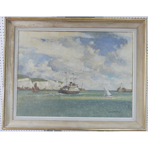 Norman Wilkinson (British, 1878-1971), Passenger Ferry leaving Dover harbour with white cliffs behind, oil on canvas, signed lower right, 24in x 32in (61cm x 81.25cm), framed.