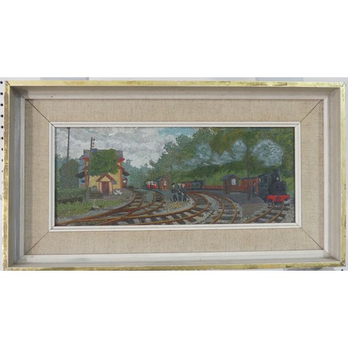 Railwayana: Malcomb J. Hitchcock (British, 1929-1998), Port de Carhaix 1, oil on board, signed 'M. J. Hitchcock' and dated 1972, bears artist's label and Christie's barcode label verso, 13cm x 30.5cm, framed.