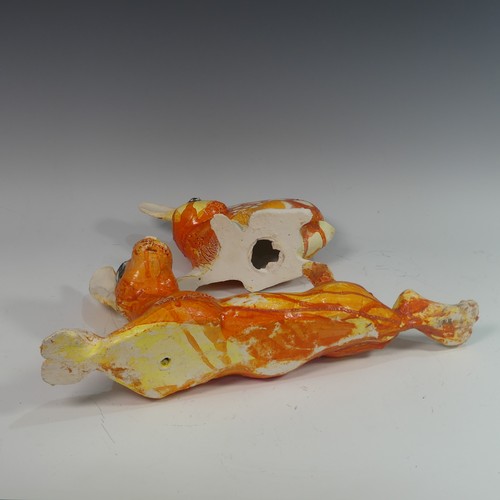 118 - Lawson E. Rudge (b. 1936), a raku fired studio pottery sculpture of a flat Bunny, with orange decora... 