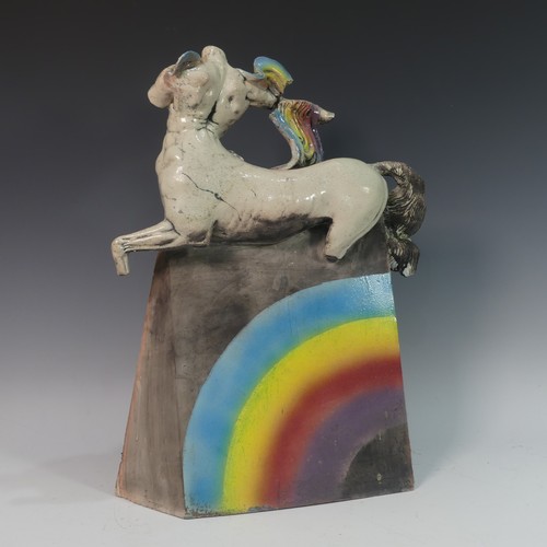 70 - Lawson E. Rudge (b. 1936), a raku fired studio pottery sculpture of a Centaur, with rainbow design, ... 