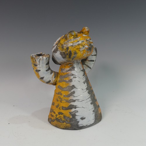 79 - Lawson E. Rudge (b. 1936), a raku fired studio pottery sculptural Candlestick 'Burning Bright', mode... 