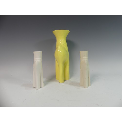 94 - Lawson E. Rudge (b. 1936), a yellow glazed studio pottery Stiletto Vase, H 29cm, together with a pai... 