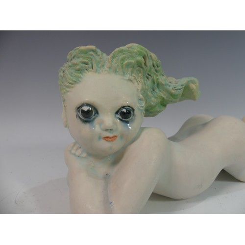 105 - Lawson E. Rudge (b. 1936), a studio pottery sculpture of a Baby, modelled laying on her stomach, L 3... 