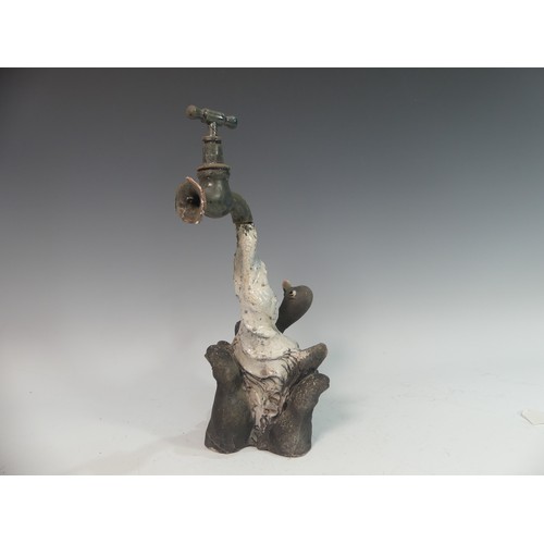 112 - Lawson E. Rudge (b. 1936), a raku fired studio pottery sculpture of a Duck Bathing, H 37cm. Provenan... 