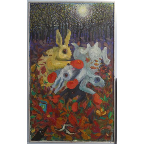 Lawson E. Rudge (b. 1936), Boxing Hares in an Autumnal Woodland, oil on canvas mounted on board, signed with initials lower right, together with another similar 70cm x 50cm, both framed, mildewed and some minor losses (2)