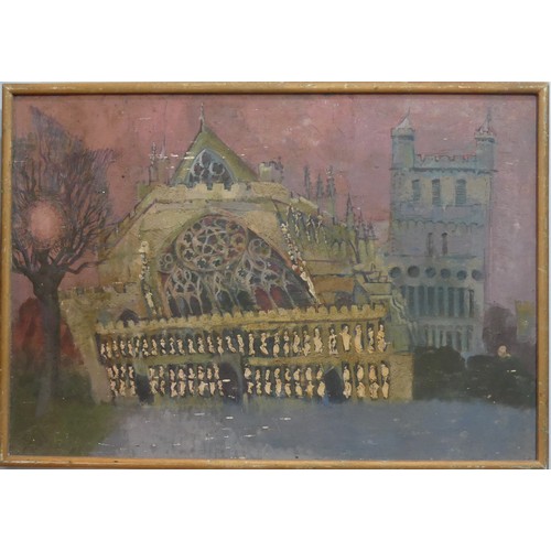 124 - Lawson E. Rudge (b. 1936), Exeter Cathedral with pink sky, oil on canvas laid down on board, signed ... 