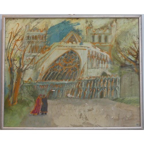 125 - Lawson E. Rudge (b. 1936), Exeter Cathedral on a windy day, oil on canvas laid down on board, signed... 