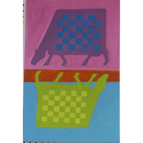 84 - Lawson E. Rudge (b. 1936), Chequered Cow series, three similar pictures, 60cm x 40cm, 76cm x 51cm, a... 