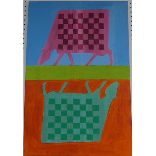 Lawson E. Rudge (b. 1936), Chequered Cow series, three similar pictures, 60cm x 40cm, 76cm x 51cm, and 77cm x 51cm, together with two other patterned cow pictures, all acrylic on canvas (5)