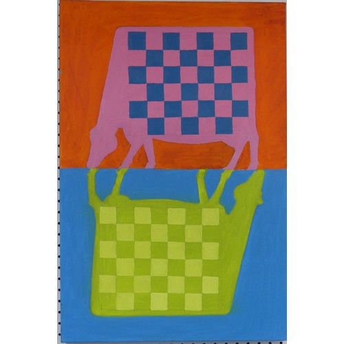 84 - Lawson E. Rudge (b. 1936), Chequered Cow series, three similar pictures, 60cm x 40cm, 76cm x 51cm, a... 