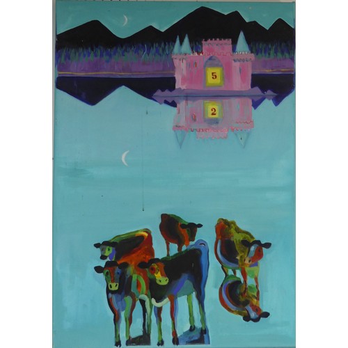 134 - Lawson E. Rudge (b. 1936), Cows and a Castle in a Lakeside Landscape, oil on canvas, signed with ini... 