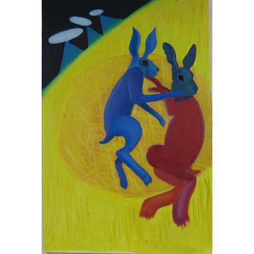 135 - Lawson E. Rudge (b. 1936), Boxing Hare series, two similar pictures, 70cm x 50cm, signed with initia... 