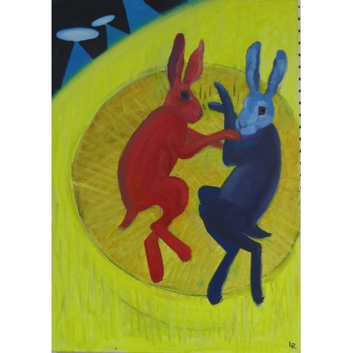 135 - Lawson E. Rudge (b. 1936), Boxing Hare series, two similar pictures, 70cm x 50cm, signed with initia... 