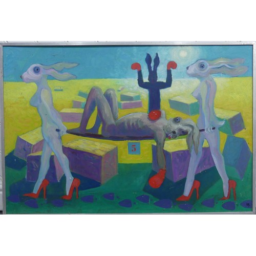 138 - Lawson E. Rudge (b. 1936), Defeated Boxing Hare on a Stretcher, oil on board, signed with initials l... 