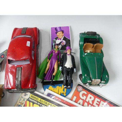 310 - A collection of vintage toys including; Victory Models MG in green boxed, Indian tinplate car,  Corg... 