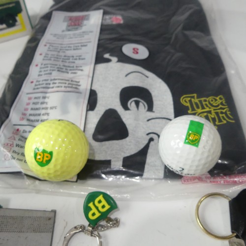 317 - A Collection of B.P. and national Benzole memorabilia, ties, T-Shirts, BP golf balls, key rings, rad... 