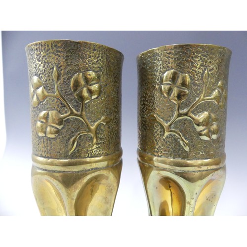 434 - A pair of Trench Art 'waisted' vases, shell cases originate from British 18 ponder field Gun, fluted... 