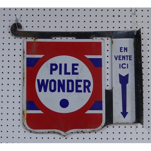 328 - A vintage wall hanging French metal sign, advertising 'PILE WONDER', on sale here, double sided sign... 