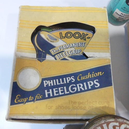 335 - A large collection of vintage shoe repair/cobblers items, including Phillips rubber heels and soles,... 