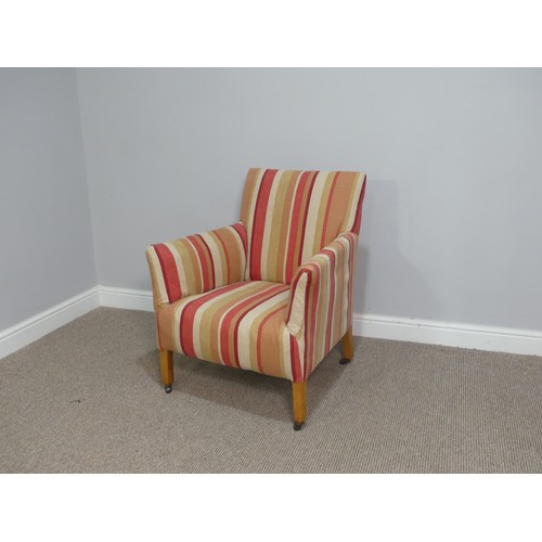 577 - A pair of upholstered Easy Chairs, one with striped upholstery, the other with red upholstery, on sq... 