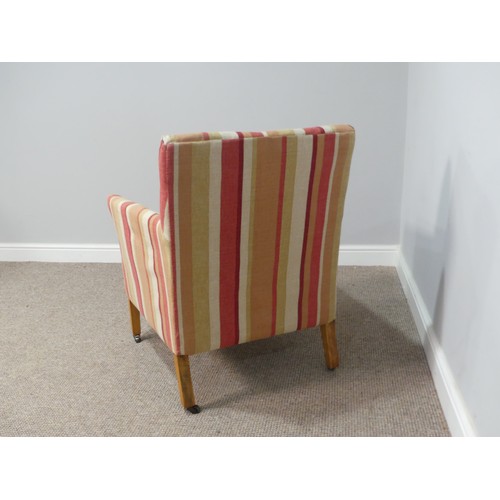 577 - A pair of upholstered Easy Chairs, one with striped upholstery, the other with red upholstery, on sq... 