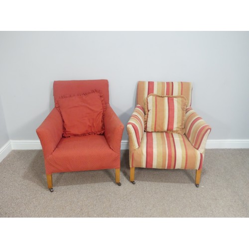 577 - A pair of upholstered Easy Chairs, one with striped upholstery, the other with red upholstery, on sq... 